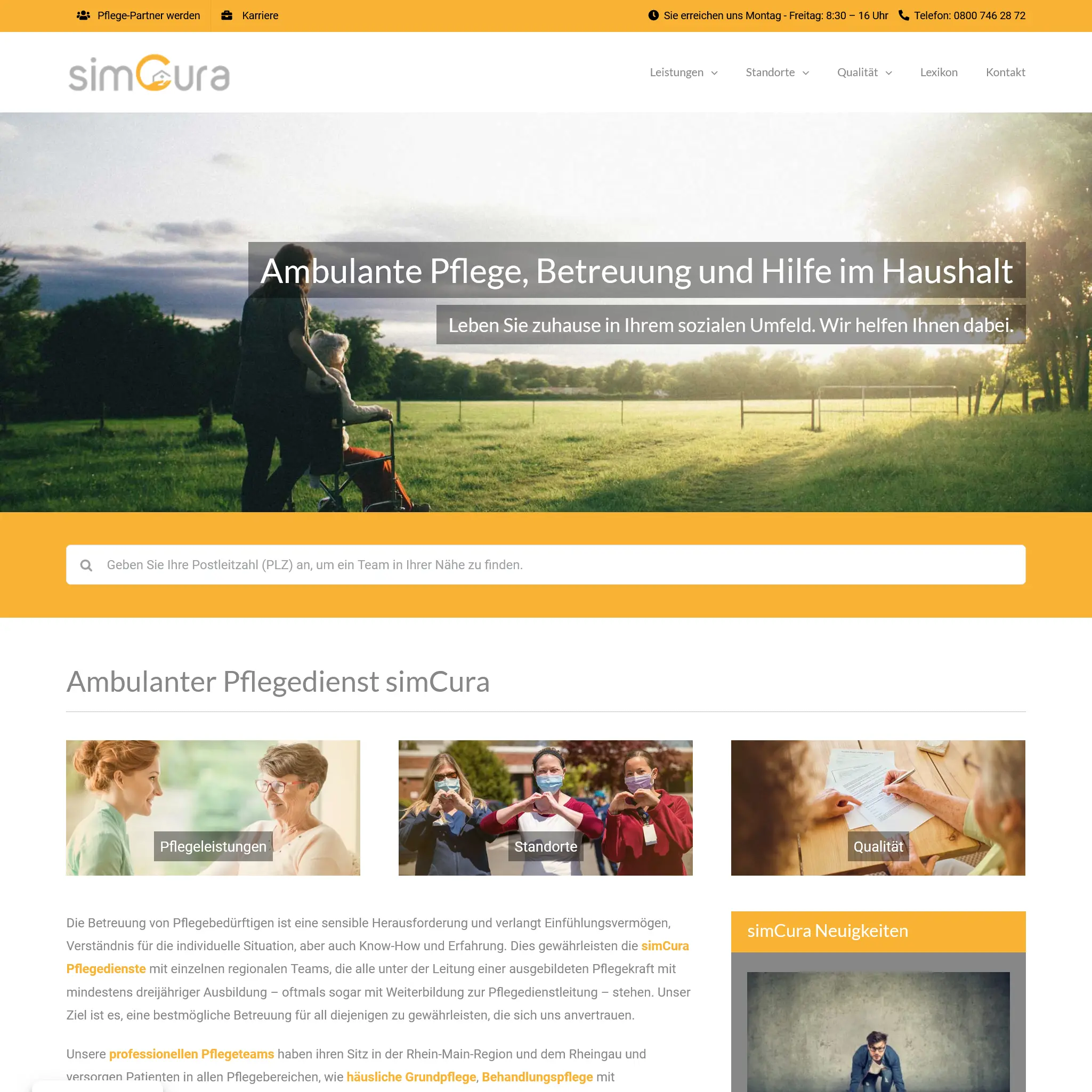 Website Pflegedienst simCura Hofheim Standortsuche